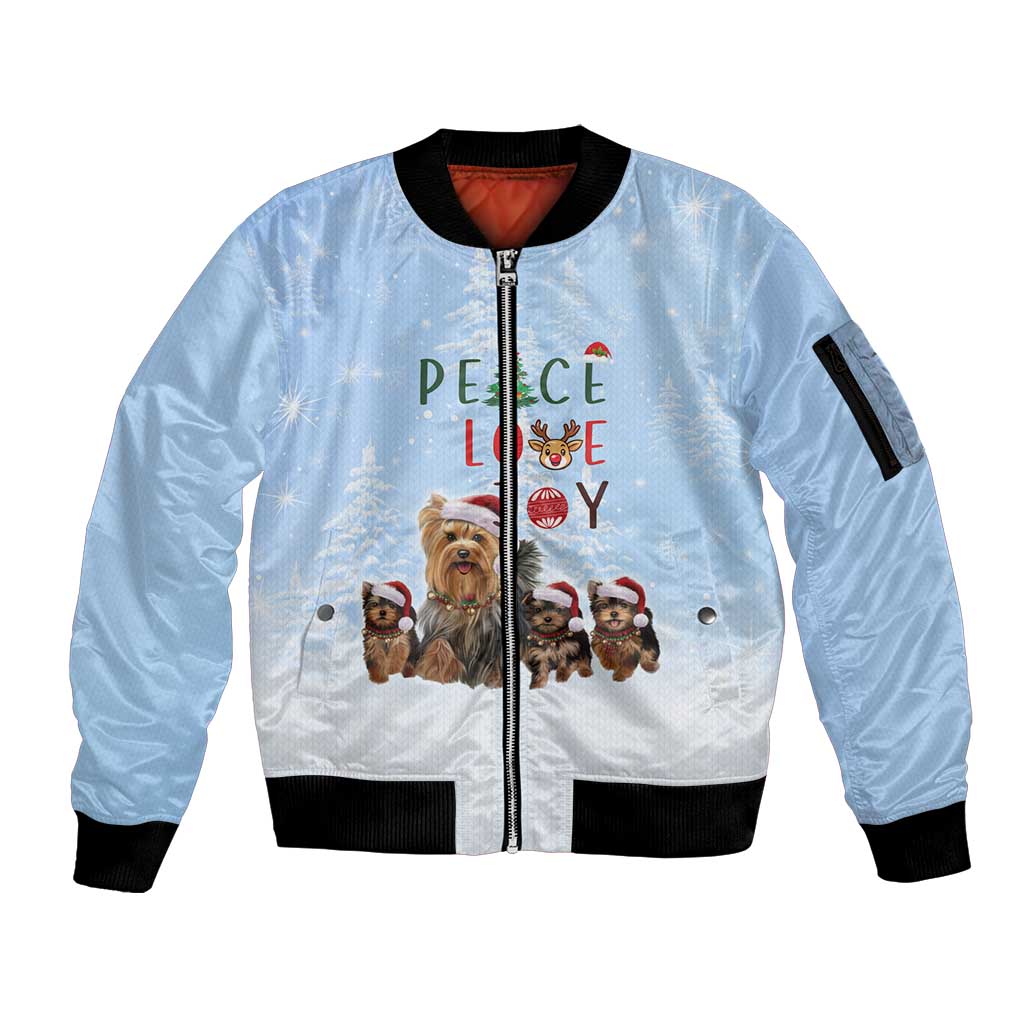 Yorkshire Terrier Dog Christmas Sleeve Zip Bomber Jacket with Peace Love Joy Quote and Santa Hat Puppies in Snowy Winter Scene - Wonder Print Shop