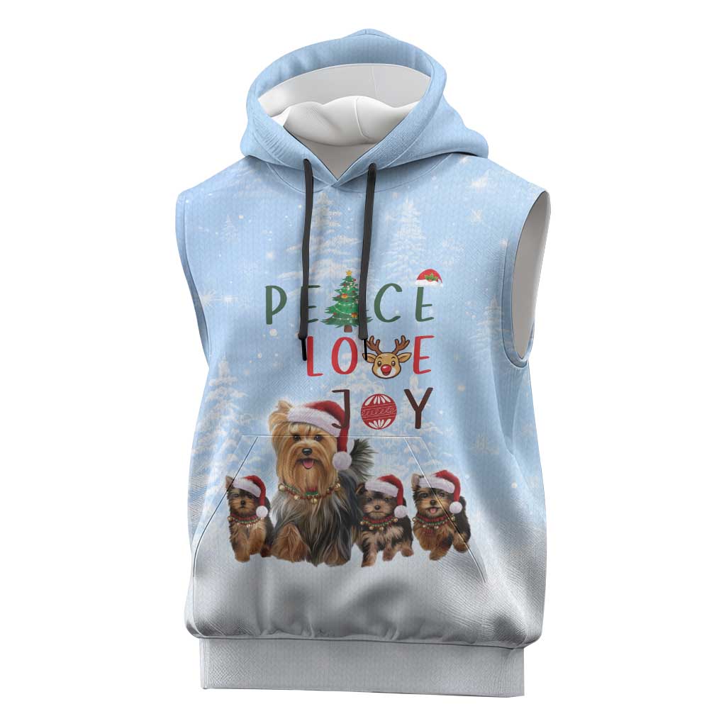 Yorkshire Terrier Dog Christmas Sleeveless Hoodie with Peace Love Joy Quote and Santa Hat Puppies in Snowy Winter Scene - Wonder Print Shop