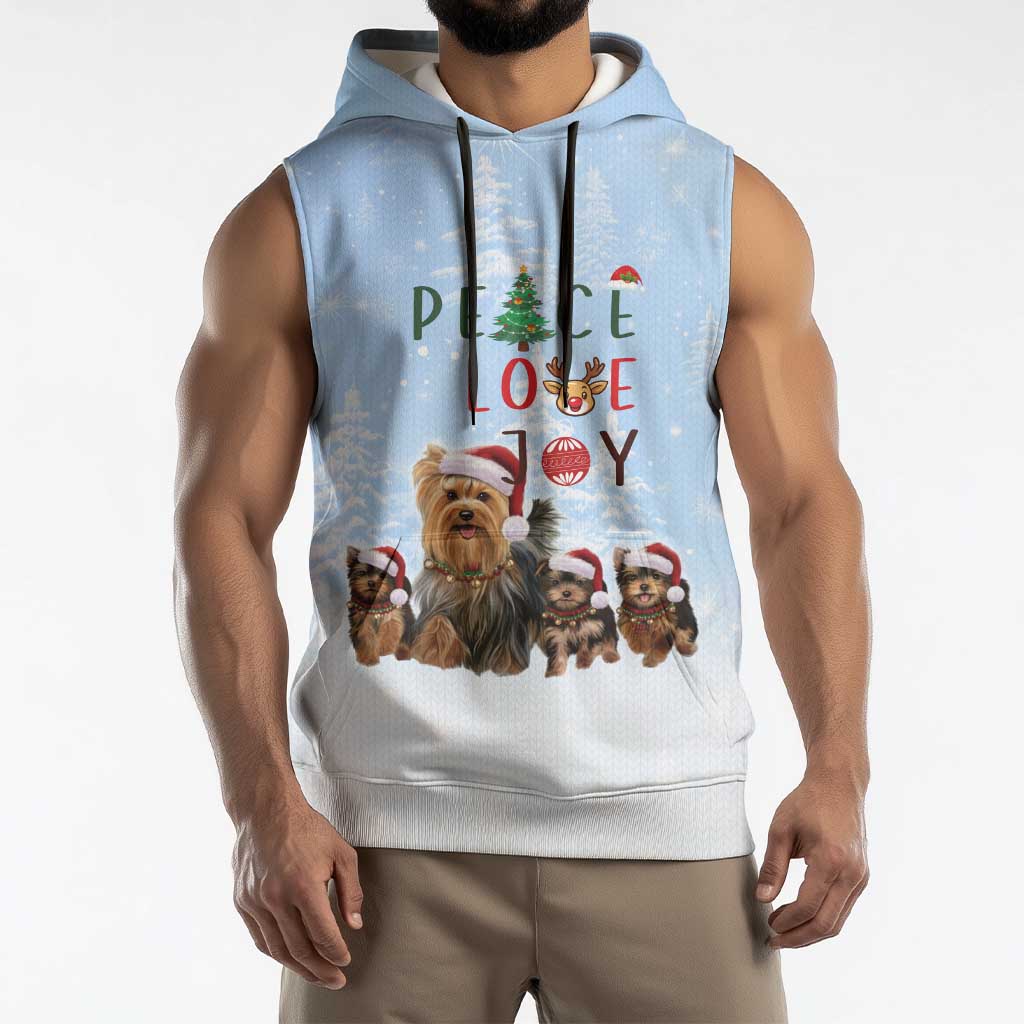Yorkshire Terrier Dog Christmas Sleeveless Hoodie with Peace Love Joy Quote and Santa Hat Puppies in Snowy Winter Scene - Wonder Print Shop