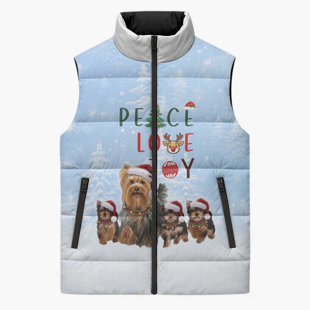 Yorkshire Terrier Dog Christmas Sleeveless Puffer Jacket with Peace Love Joy Quote and Santa Hat Puppies in Snowy Winter Scene - Wonder Print Shop