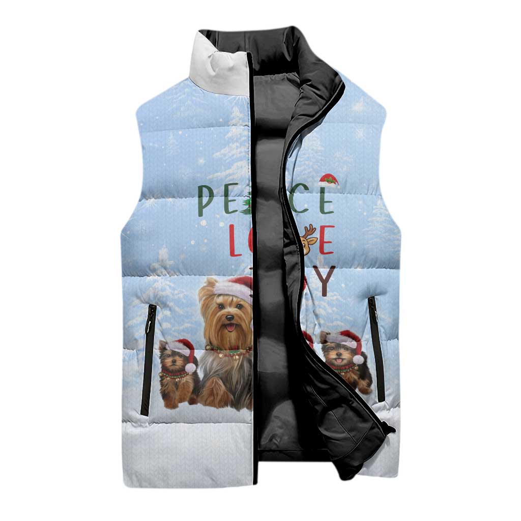 Yorkshire Terrier Dog Christmas Sleeveless Puffer Jacket with Peace Love Joy Quote and Santa Hat Puppies in Snowy Winter Scene - Wonder Print Shop