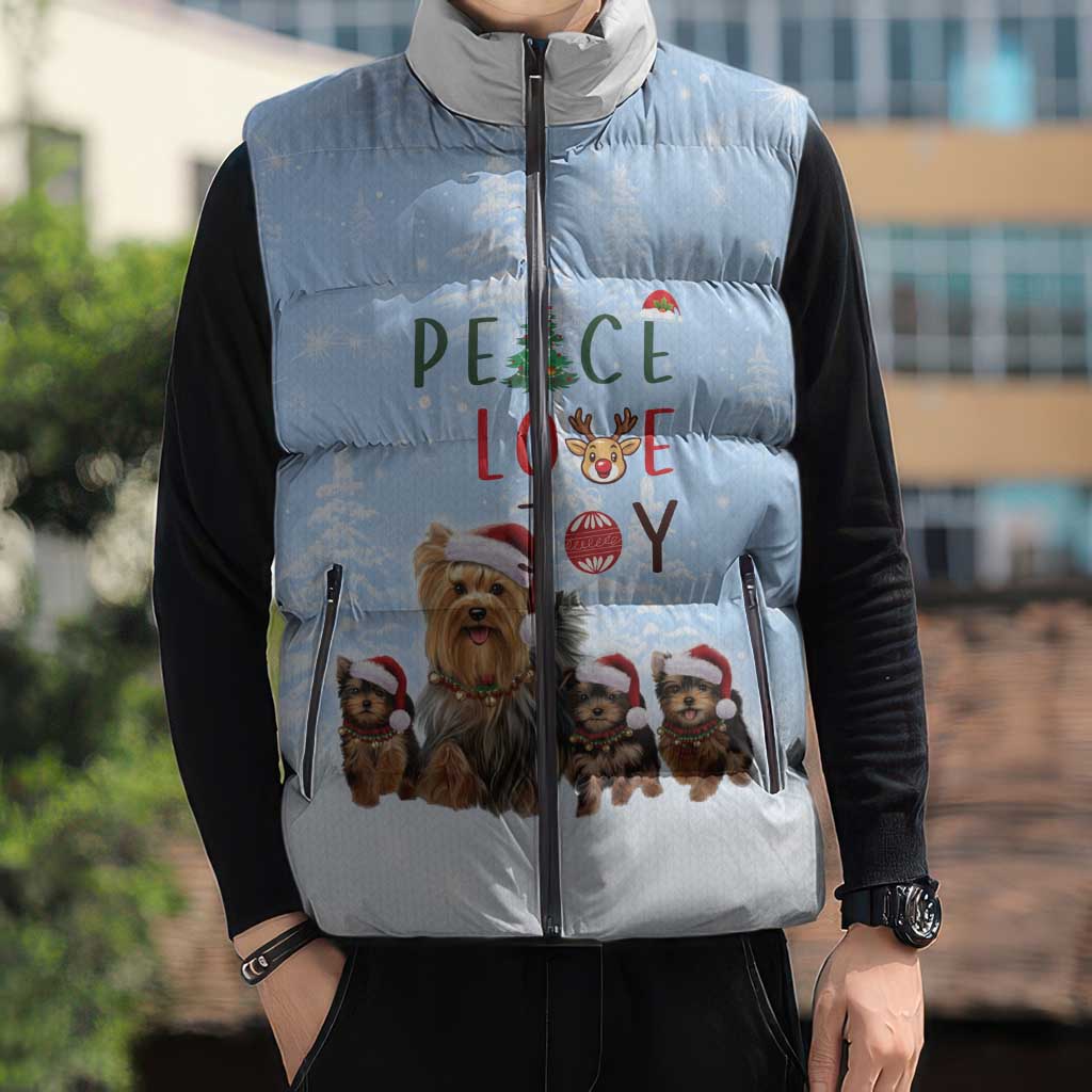 Yorkshire Terrier Dog Christmas Sleeveless Puffer Jacket with Peace Love Joy Quote and Santa Hat Puppies in Snowy Winter Scene - Wonder Print Shop