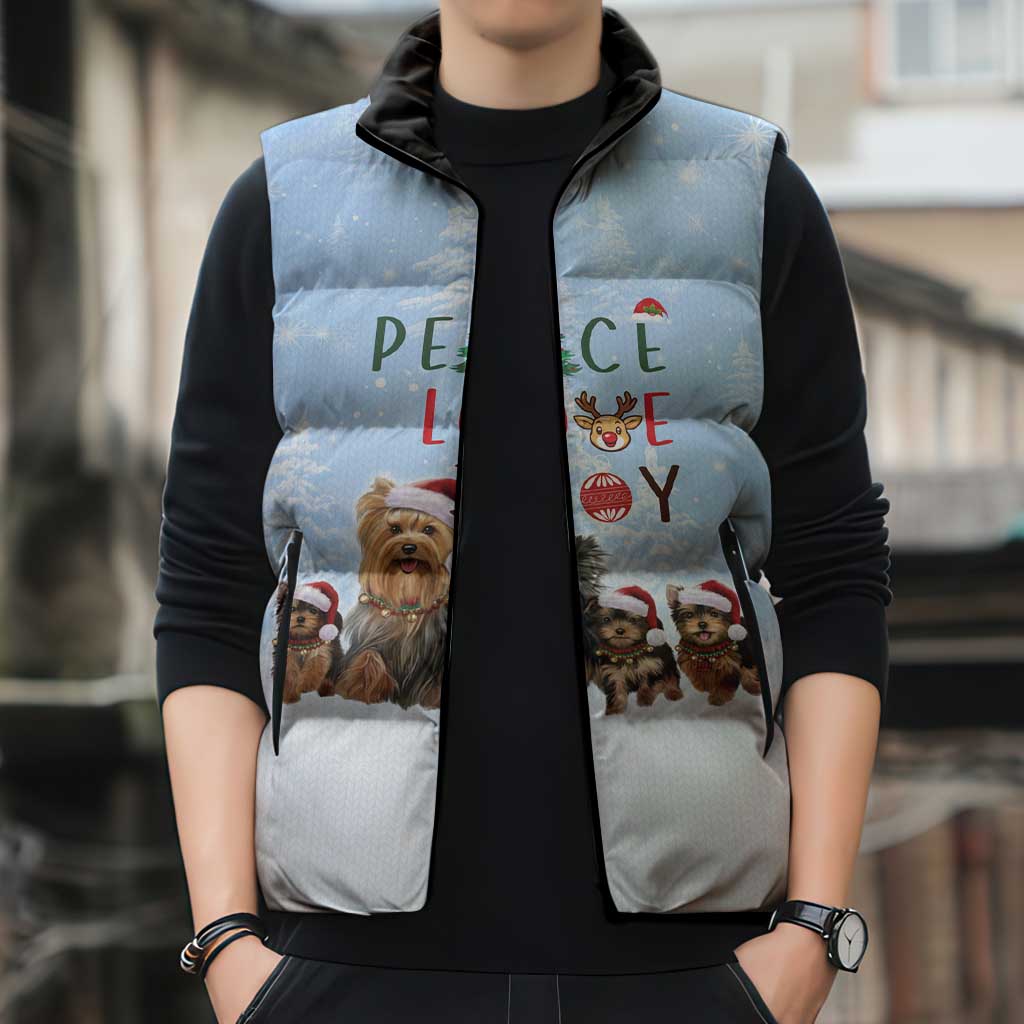 Yorkshire Terrier Dog Christmas Sleeveless Puffer Jacket with Peace Love Joy Quote and Santa Hat Puppies in Snowy Winter Scene - Wonder Print Shop