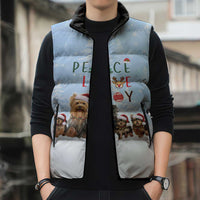 Yorkshire Terrier Dog Christmas Sleeveless Puffer Jacket with Peace Love Joy Quote and Santa Hat Puppies in Snowy Winter Scene - Wonder Print Shop