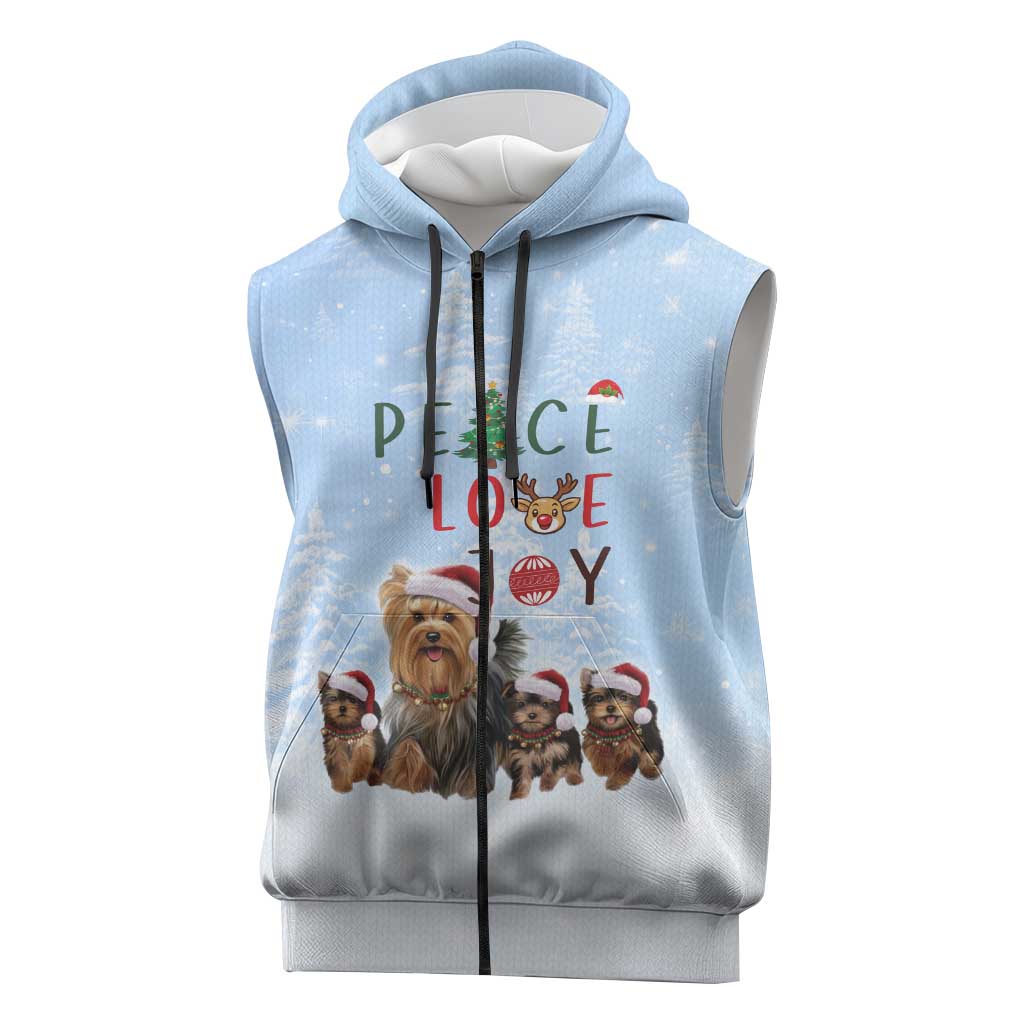Yorkshire Terrier Dog Christmas Sleeveless Zip Hoodie with Peace Love Joy Quote and Santa Hat Puppies in Snowy Winter Scene - Wonder Print Shop