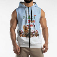 Yorkshire Terrier Dog Christmas Sleeveless Zip Hoodie with Peace Love Joy Quote and Santa Hat Puppies in Snowy Winter Scene - Wonder Print Shop