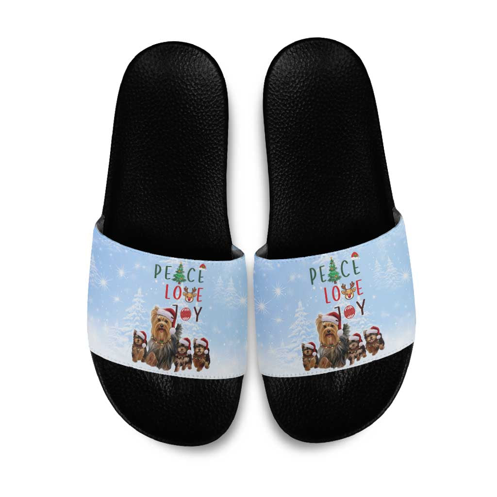 Yorkshire Terrier Dog Christmas Slide Sandals with Peace Love Joy Quote and Santa Hat Puppies in Snowy Winter Scene - Wonder Print Shop