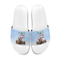 Yorkshire Terrier Dog Christmas Slide Sandals with Peace Love Joy Quote and Santa Hat Puppies in Snowy Winter Scene - Wonder Print Shop