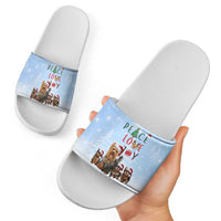 Yorkshire Terrier Dog Christmas Slide Sandals with Peace Love Joy Quote and Santa Hat Puppies in Snowy Winter Scene - Wonder Print Shop