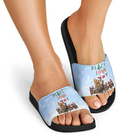 Yorkshire Terrier Dog Christmas Slide Sandals with Peace Love Joy Quote and Santa Hat Puppies in Snowy Winter Scene - Wonder Print Shop