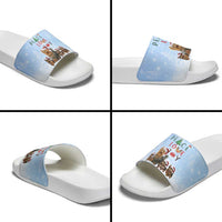 Yorkshire Terrier Dog Christmas Slide Sandals with Peace Love Joy Quote and Santa Hat Puppies in Snowy Winter Scene - Wonder Print Shop