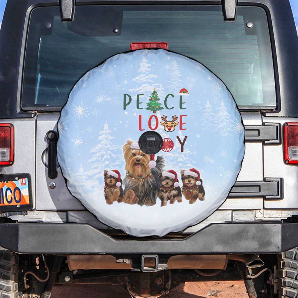 Yorkshire Terrier Dog Christmas Spare Tire Cover with Peace Love Joy Quote and Santa Hat Puppies in Snowy Winter Scene - Wonder Print Shop