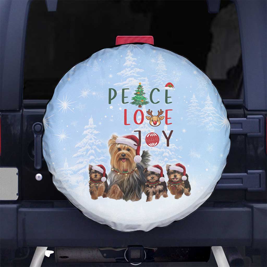 Yorkshire Terrier Dog Christmas Spare Tire Cover with Peace Love Joy Quote and Santa Hat Puppies in Snowy Winter Scene - Wonder Print Shop