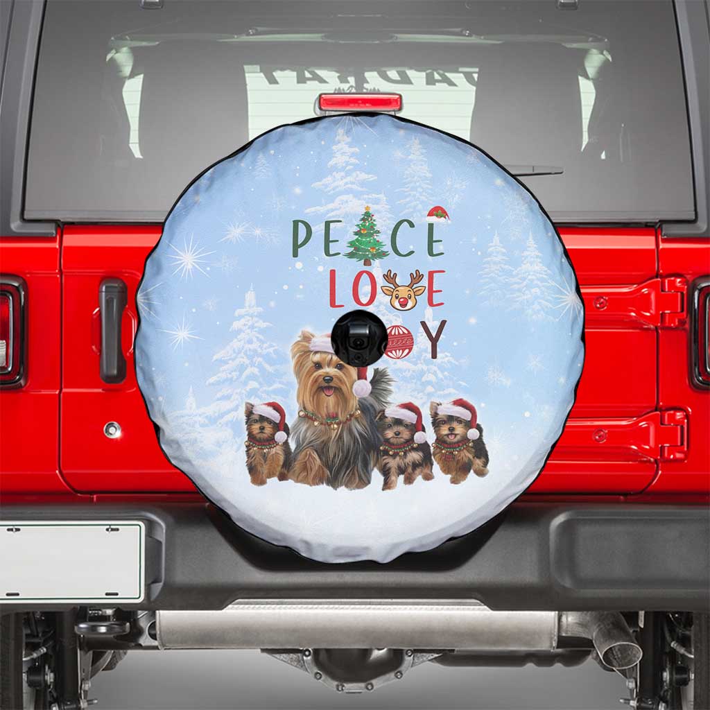 Yorkshire Terrier Dog Christmas Spare Tire Cover with Peace Love Joy Quote and Santa Hat Puppies in Snowy Winter Scene - Wonder Print Shop