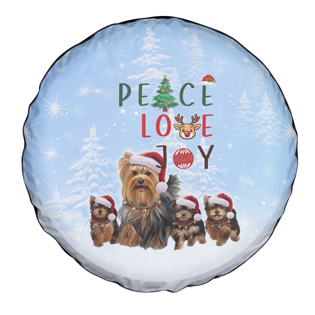 Yorkshire Terrier Dog Christmas Spare Tire Cover with Peace Love Joy Quote and Santa Hat Puppies in Snowy Winter Scene - Wonder Print Shop