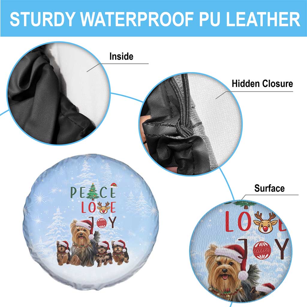 Yorkshire Terrier Dog Christmas Spare Tire Cover with Peace Love Joy Quote and Santa Hat Puppies in Snowy Winter Scene - Wonder Print Shop
