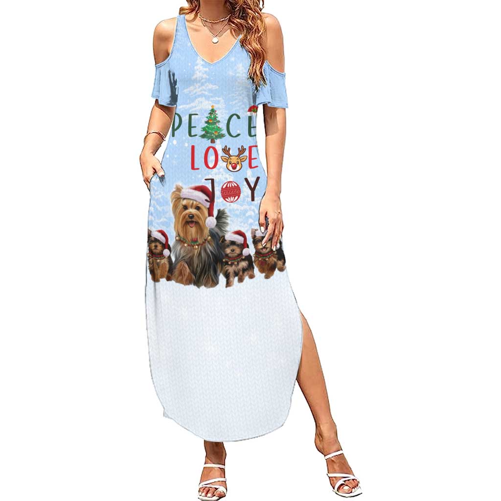 Yorkshire Terrier Dog Christmas Summer Maxi Dress with Peace Love Joy Quote and Santa Hat Puppies in Snowy Winter Scene - Wonder Print Shop