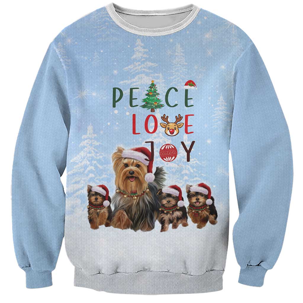 Yorkshire Terrier Dog Christmas Sweatshirt with Peace Love Joy Quote and Santa Hat Puppies in Snowy Winter Scene - Wonder Print Shop