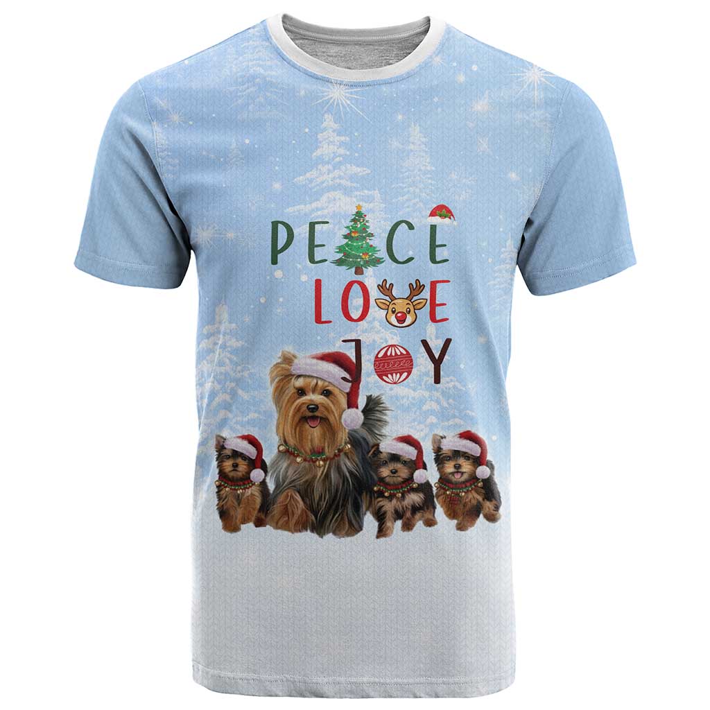 Yorkshire Terrier Dog Christmas T Shirt with Peace Love Joy Quote and Santa Hat Puppies in Snowy Winter Scene - Wonder Print Shop
