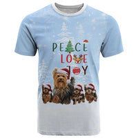 Yorkshire Terrier Dog Christmas T Shirt with Peace Love Joy Quote and Santa Hat Puppies in Snowy Winter Scene - Wonder Print Shop