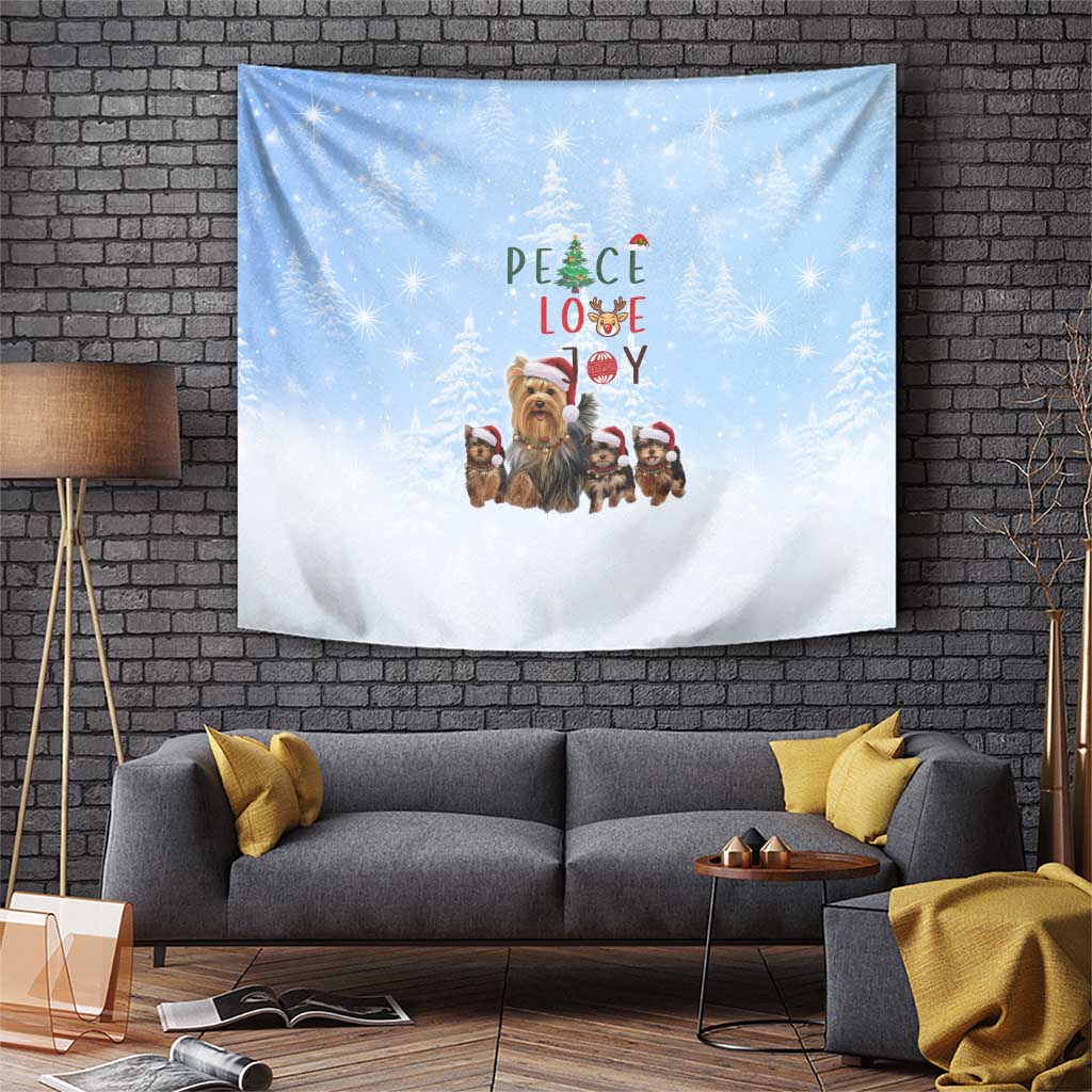 Yorkshire Terrier Dog Christmas Tapestry with Peace Love Joy Quote and Santa Hat Puppies in Snowy Winter Scene - Wonder Print Shop