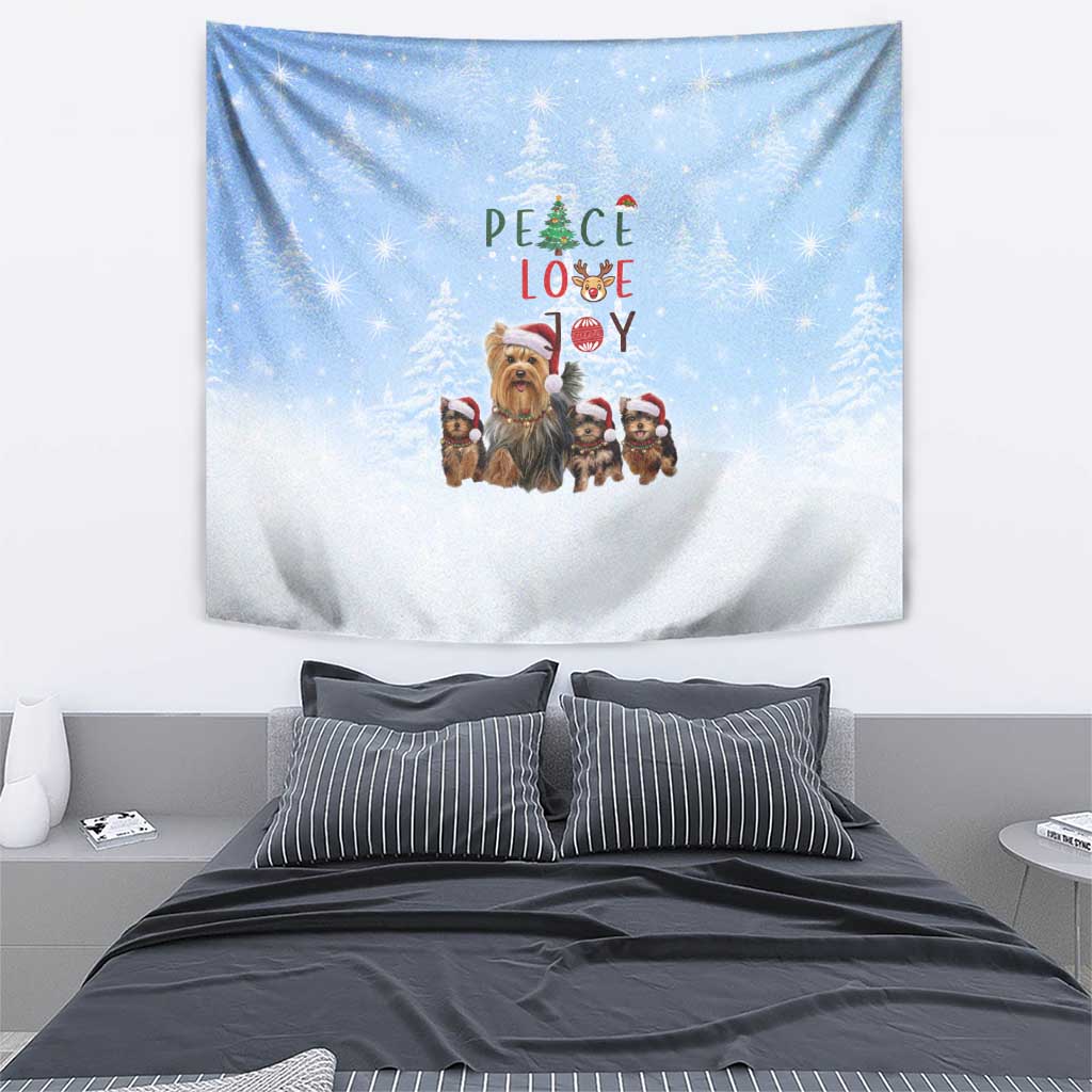 Yorkshire Terrier Dog Christmas Tapestry with Peace Love Joy Quote and Santa Hat Puppies in Snowy Winter Scene - Wonder Print Shop