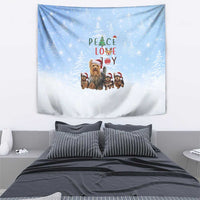 Yorkshire Terrier Dog Christmas Tapestry with Peace Love Joy Quote and Santa Hat Puppies in Snowy Winter Scene - Wonder Print Shop