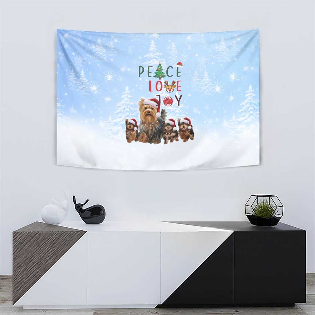 Yorkshire Terrier Dog Christmas Tapestry with Peace Love Joy Quote and Santa Hat Puppies in Snowy Winter Scene - Wonder Print Shop
