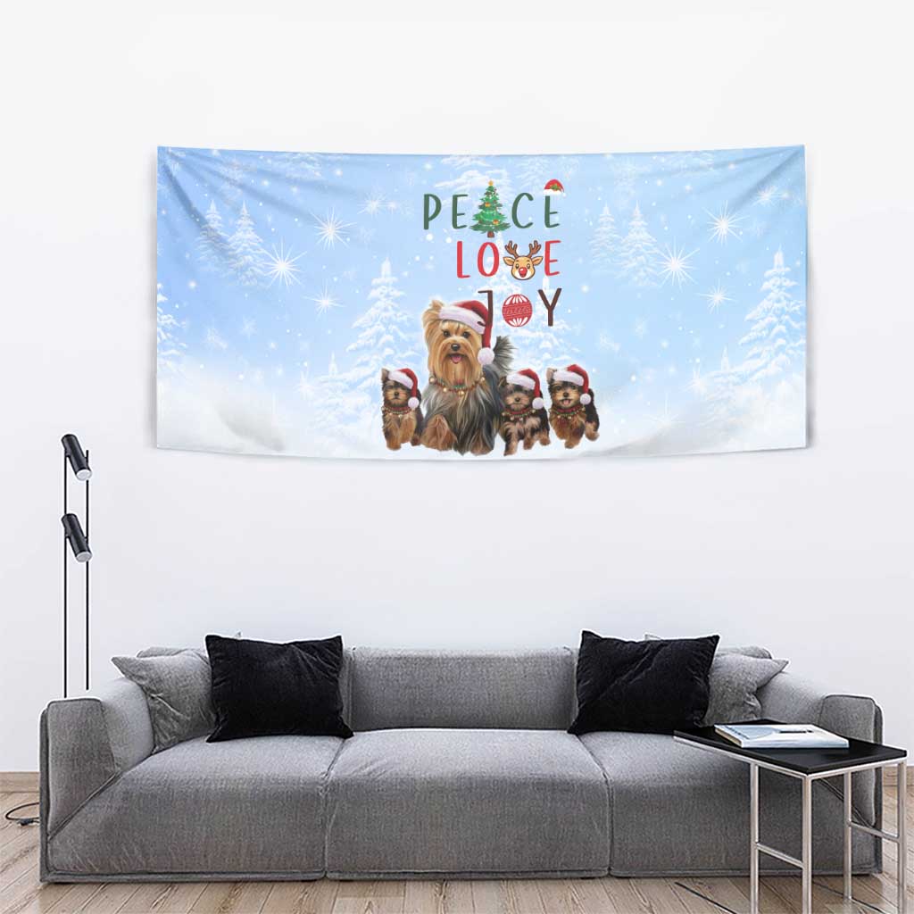 Yorkshire Terrier Dog Christmas Tapestry with Peace Love Joy Quote and Santa Hat Puppies in Snowy Winter Scene - Wonder Print Shop