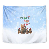 Yorkshire Terrier Dog Christmas Tapestry with Peace Love Joy Quote and Santa Hat Puppies in Snowy Winter Scene - Wonder Print Shop