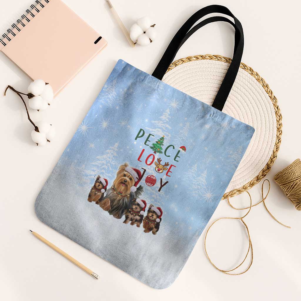 Yorkshire Terrier Dog Christmas Tote Bag with Peace Love Joy Quote and Santa Hat Puppies in Snowy Winter Scene - Wonder Print Shop
