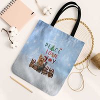 Yorkshire Terrier Dog Christmas Tote Bag with Peace Love Joy Quote and Santa Hat Puppies in Snowy Winter Scene - Wonder Print Shop