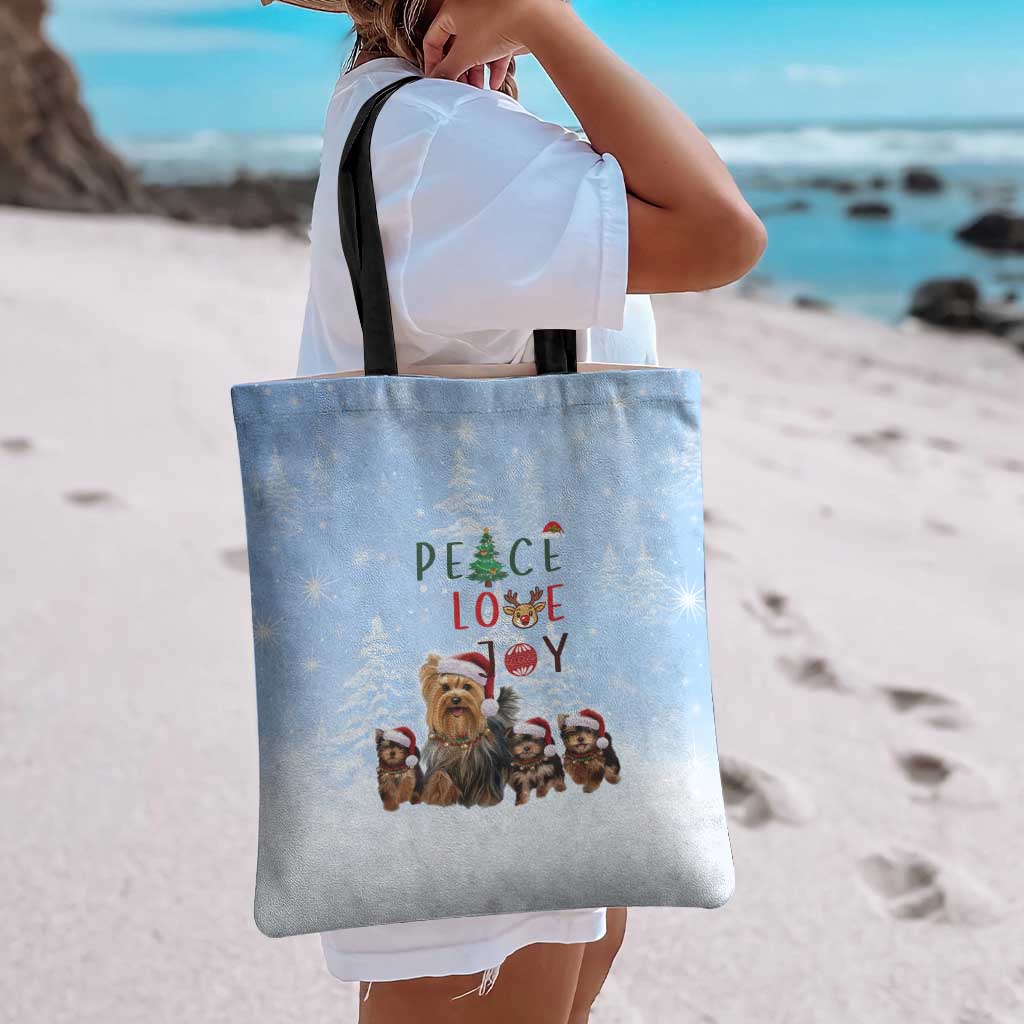 Yorkshire Terrier Dog Christmas Tote Bag with Peace Love Joy Quote and Santa Hat Puppies in Snowy Winter Scene - Wonder Print Shop