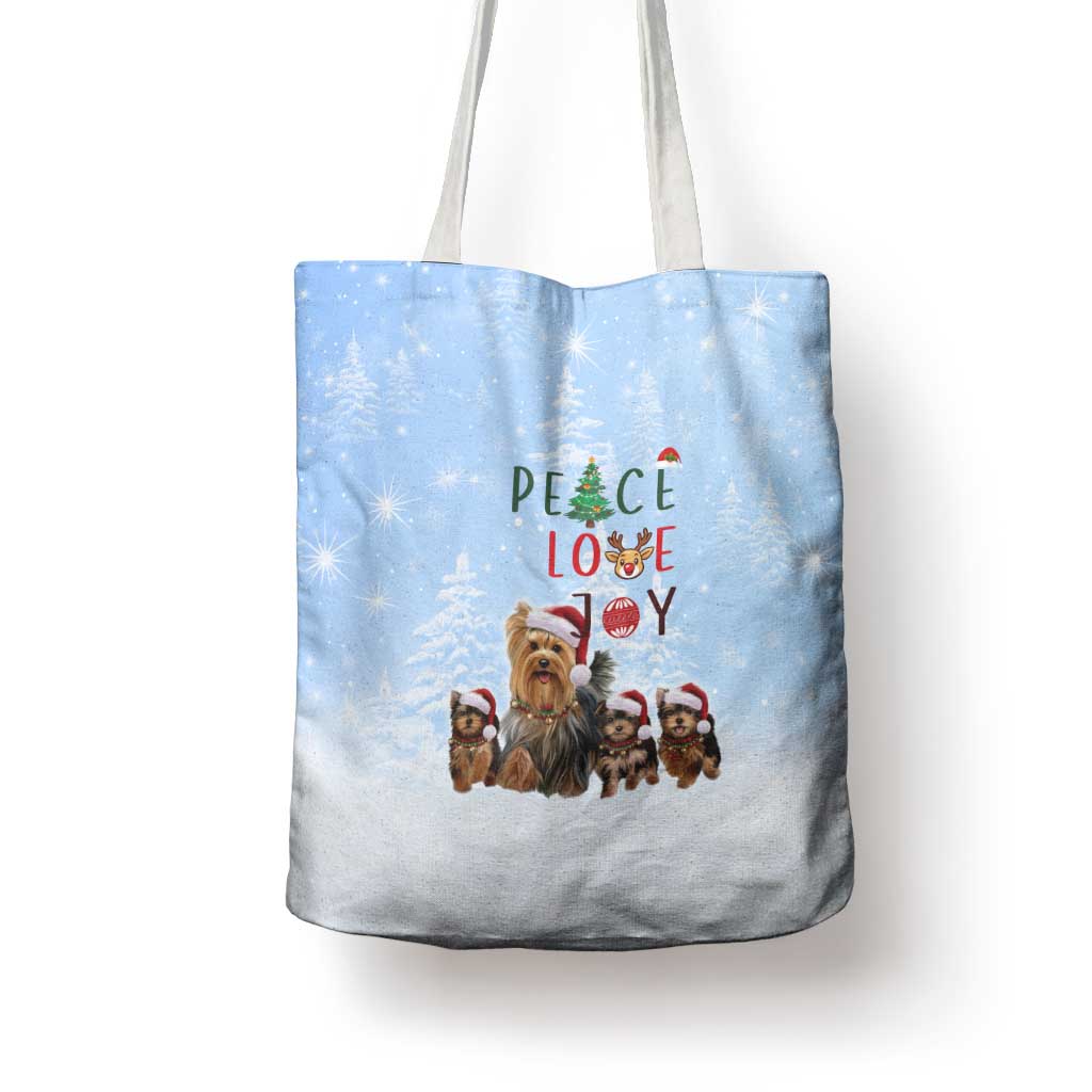 Yorkshire Terrier Dog Christmas Tote Bag with Peace Love Joy Quote and Santa Hat Puppies in Snowy Winter Scene - Wonder Print Shop