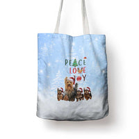 Yorkshire Terrier Dog Christmas Tote Bag with Peace Love Joy Quote and Santa Hat Puppies in Snowy Winter Scene - Wonder Print Shop