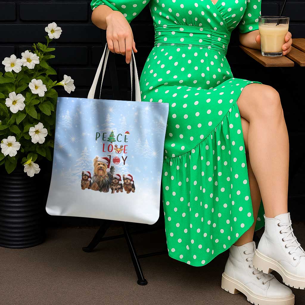 Yorkshire Terrier Dog Christmas Tote Bag with Peace Love Joy Quote and Santa Hat Puppies in Snowy Winter Scene - Wonder Print Shop
