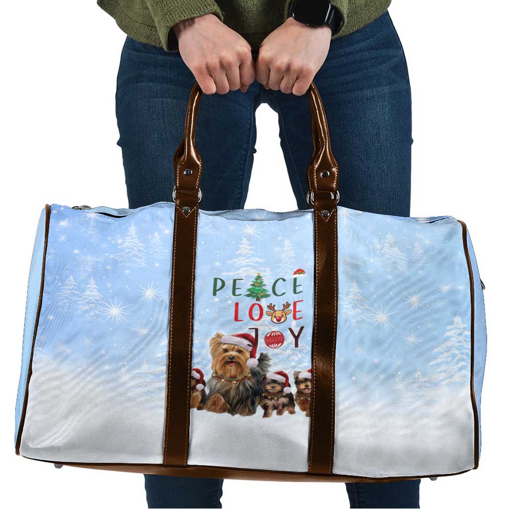 Yorkshire Terrier Dog Christmas Travel Bag with Peace Love Joy Quote and Santa Hat Puppies in Snowy Winter Scene - Wonder Print Shop