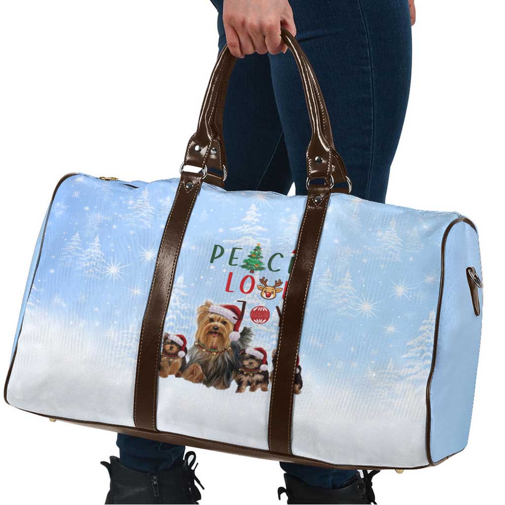 Yorkshire Terrier Dog Christmas Travel Bag with Peace Love Joy Quote and Santa Hat Puppies in Snowy Winter Scene - Wonder Print Shop