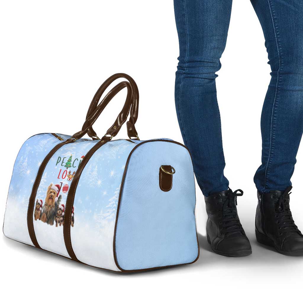 Yorkshire Terrier Dog Christmas Travel Bag with Peace Love Joy Quote and Santa Hat Puppies in Snowy Winter Scene - Wonder Print Shop