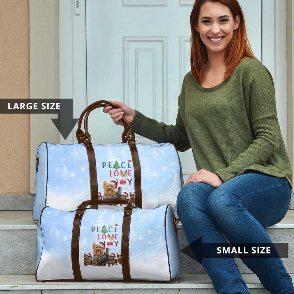Yorkshire Terrier Dog Christmas Travel Bag with Peace Love Joy Quote and Santa Hat Puppies in Snowy Winter Scene - Wonder Print Shop