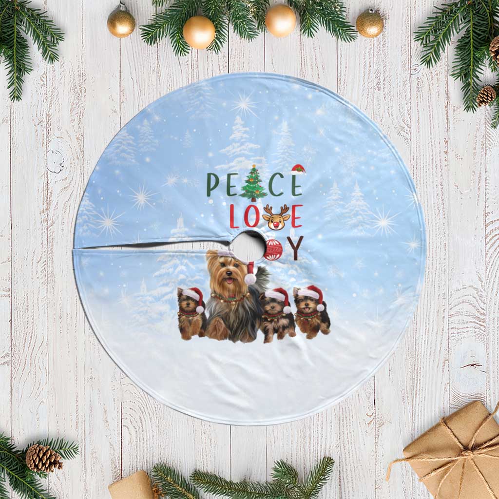 Yorkshire Terrier Dog Christmas Tree Skirt with Peace Love Joy Quote and Santa Hat Puppies in Snowy Winter Scene - Wonder Print Shop