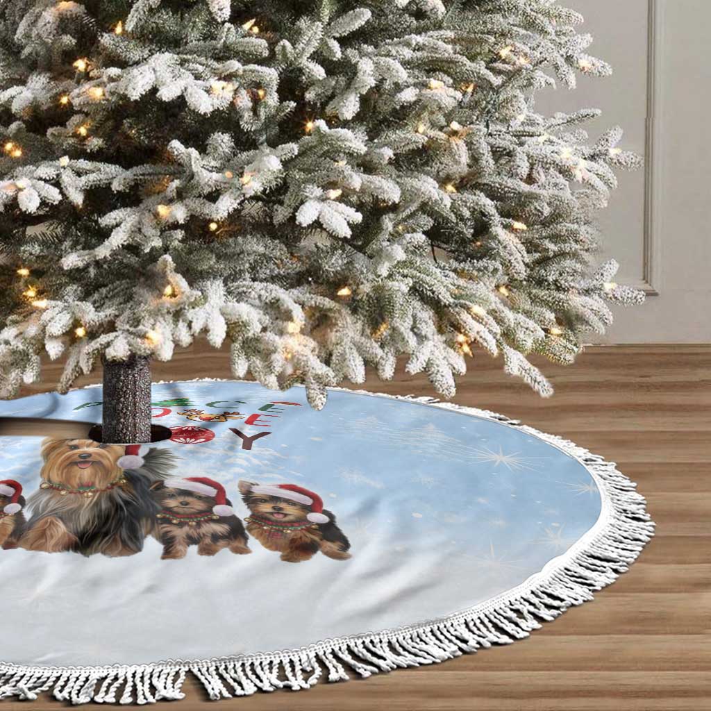 Yorkshire Terrier Dog Christmas Tree Skirt with Peace Love Joy Quote and Santa Hat Puppies in Snowy Winter Scene - Wonder Print Shop
