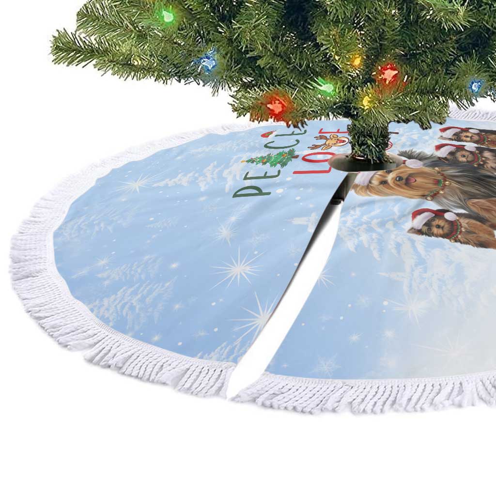 Yorkshire Terrier Dog Christmas Tree Skirt with Peace Love Joy Quote and Santa Hat Puppies in Snowy Winter Scene - Wonder Print Shop