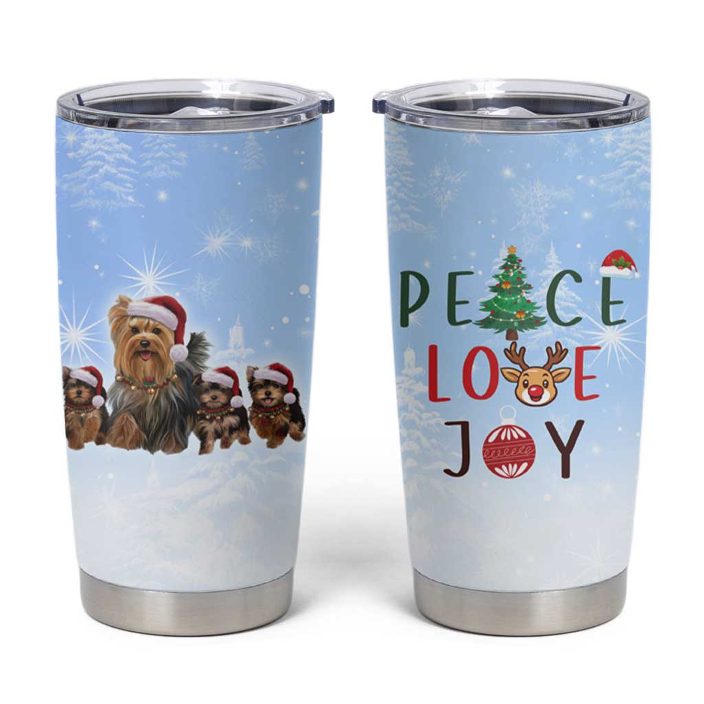 Yorkshire Terrier Dog Christmas Tumbler Cup with Peace Love Joy Quote and Santa Hat Puppies in Snowy Winter Scene - Wonder Print Shop