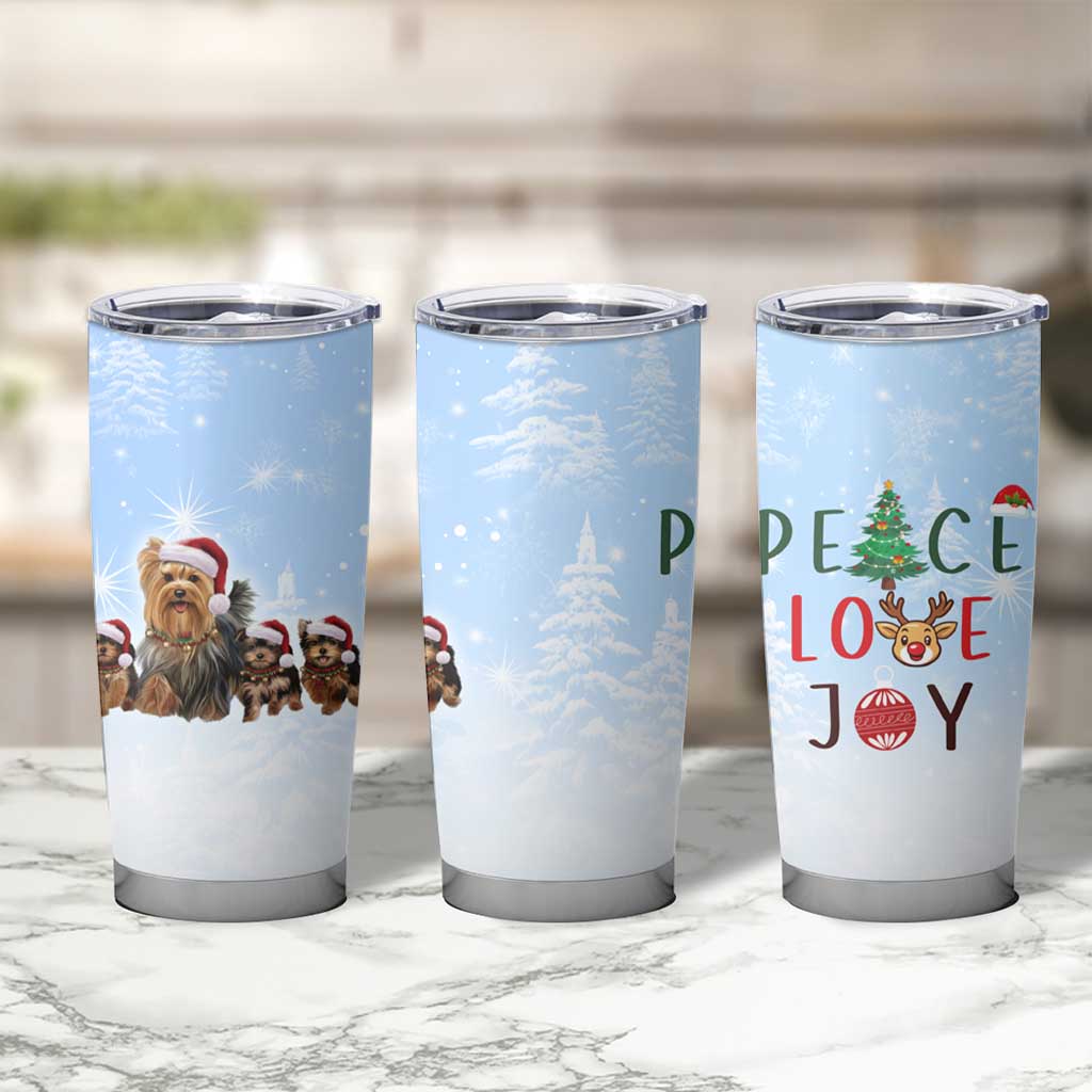 Yorkshire Terrier Dog Christmas Tumbler Cup with Peace Love Joy Quote and Santa Hat Puppies in Snowy Winter Scene - Wonder Print Shop