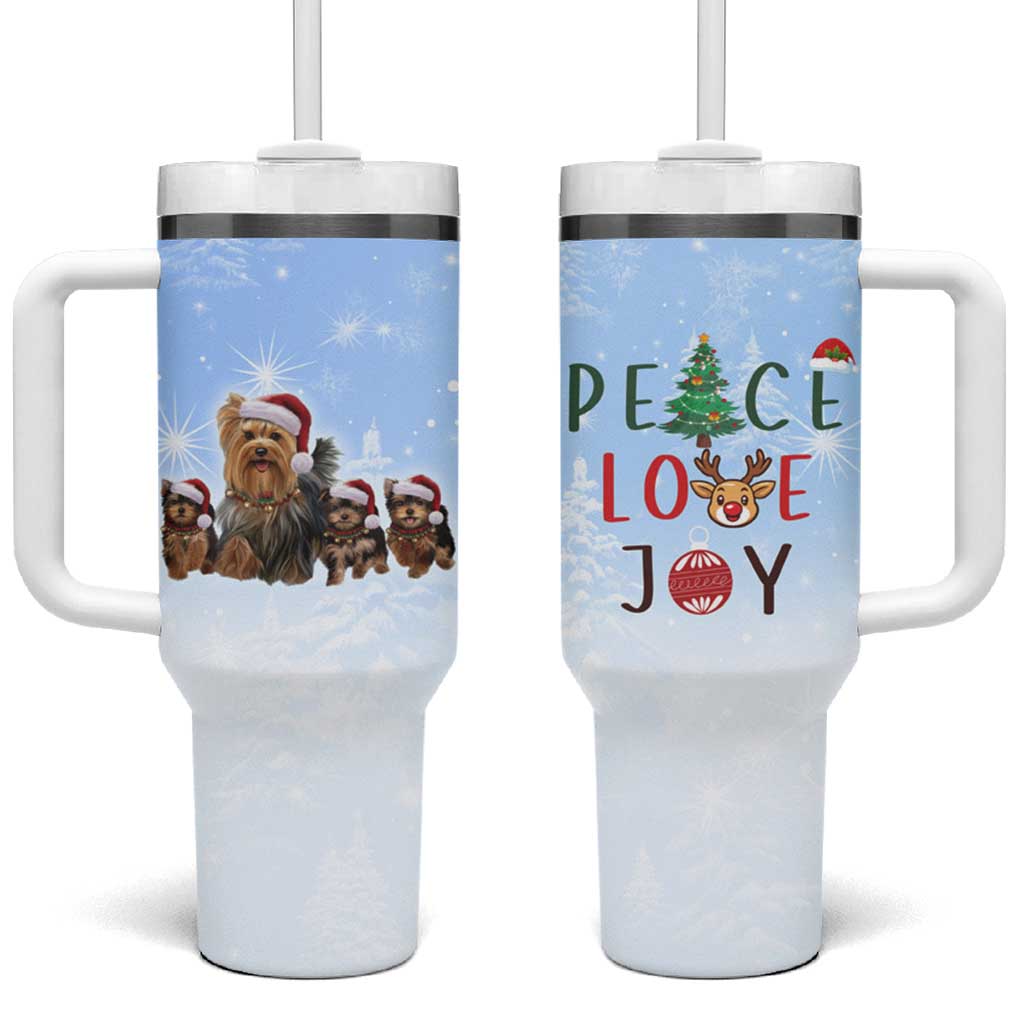 Yorkshire Terrier Dog Christmas Tumbler With Handle with Peace Love Joy Quote and Santa Hat Puppies in Snowy Winter Scene - Wonder Print Shop