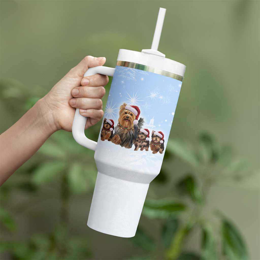 Yorkshire Terrier Dog Christmas Tumbler With Handle with Peace Love Joy Quote and Santa Hat Puppies in Snowy Winter Scene - Wonder Print Shop