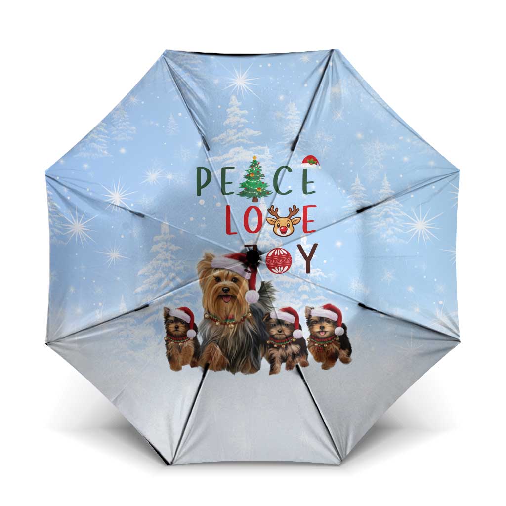 Yorkshire Terrier Dog Christmas Umbrella with Peace Love Joy Quote and Santa Hat Puppies in Snowy Winter Scene - Wonder Print Shop