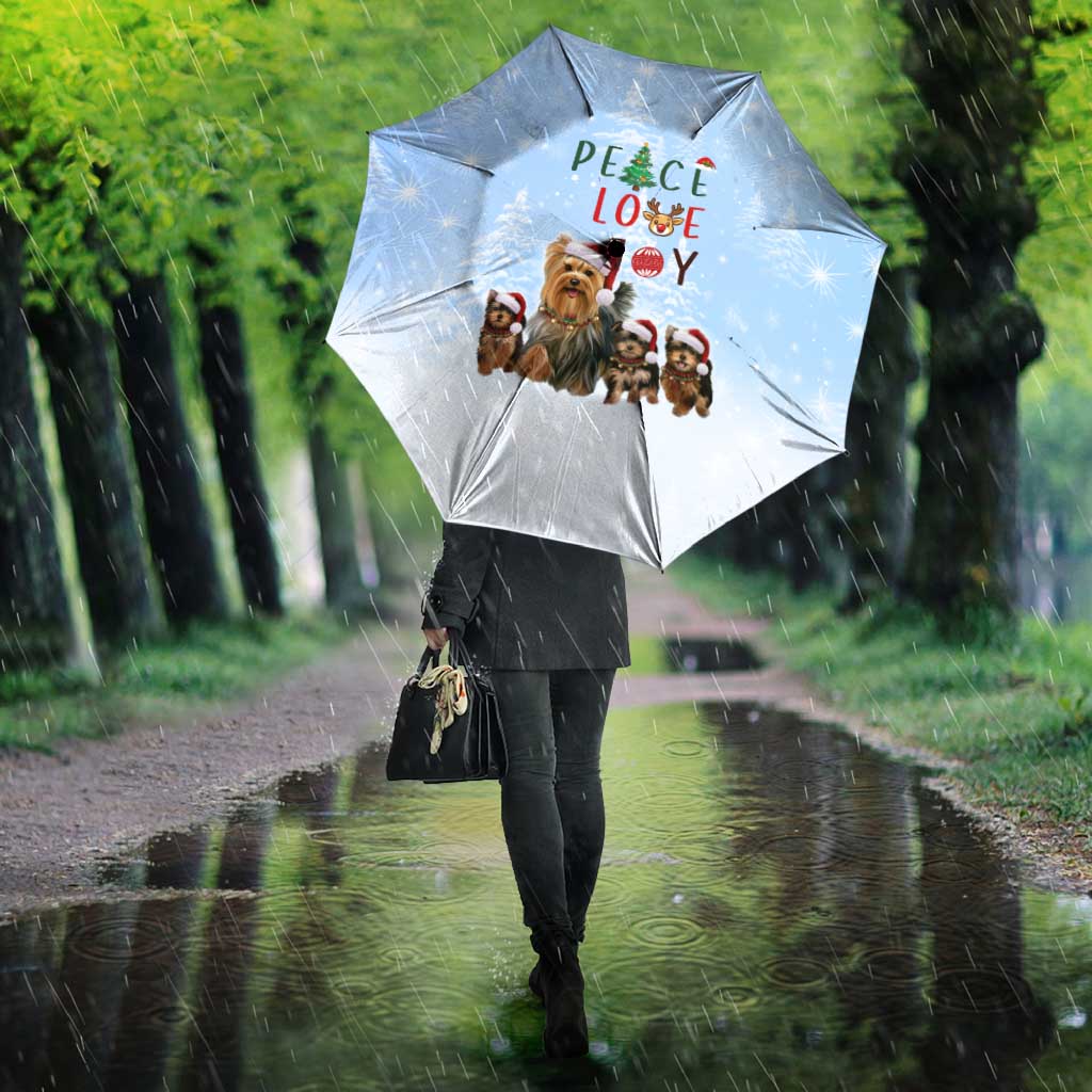 Yorkshire Terrier Dog Christmas Umbrella with Peace Love Joy Quote and Santa Hat Puppies in Snowy Winter Scene - Wonder Print Shop
