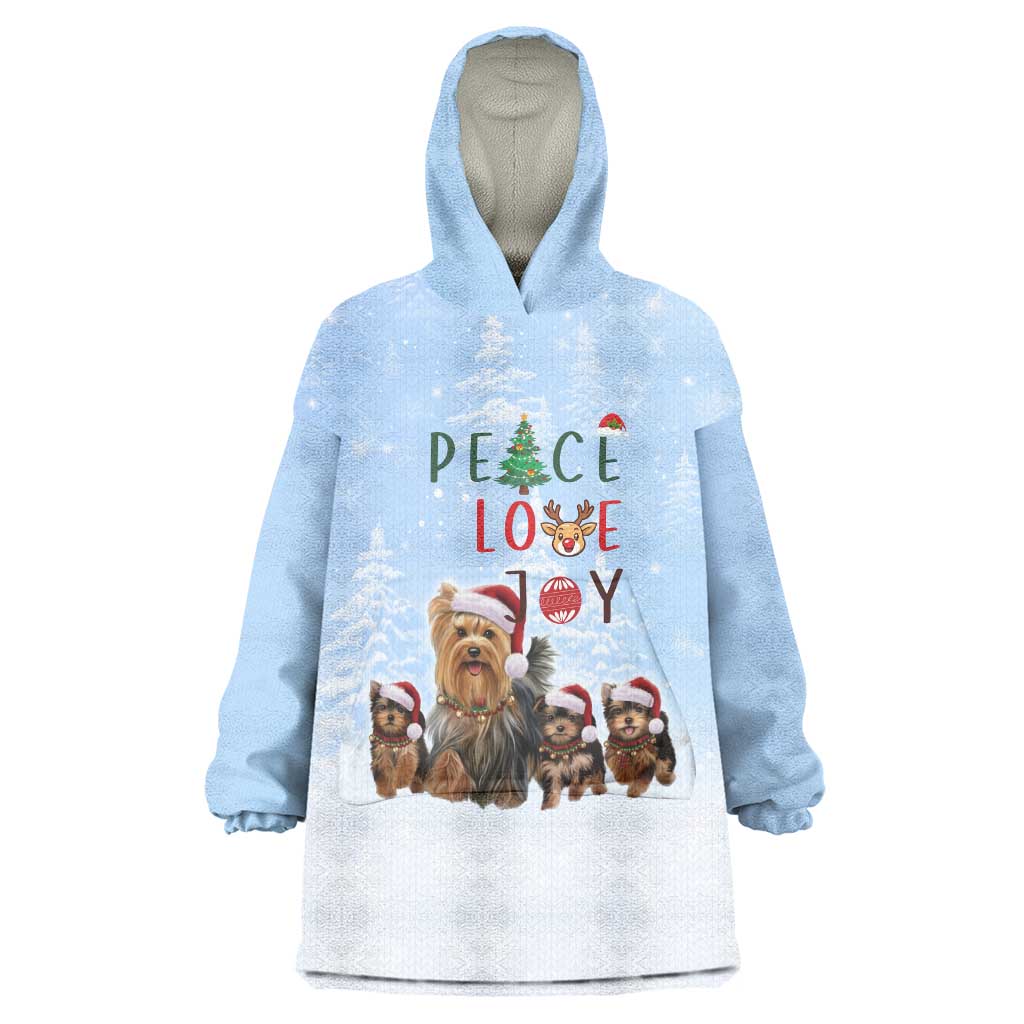 Yorkshire Terrier Dog Christmas Wearable Blanket Hoodie with Peace Love Joy Quote and Santa Hat Puppies in Snowy Winter Scene - Wonder Print Shop